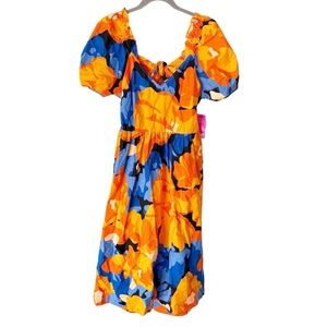 Tabitha Brown Dress Women's 14 Orange Blue Floral Back Cut Out Midi NWT